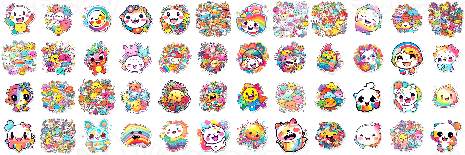 une vibrant collection de kawaii content autocollants dans arc en ciel couleurs, avec dessin animé enfants personnages, isolé png, établi avec génératif ai png