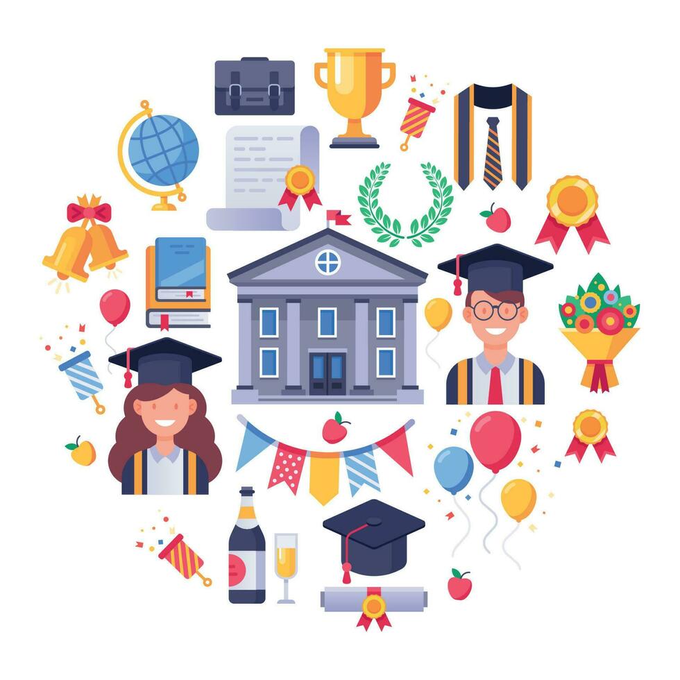 College graduate icons. Graduation day, students party and finish exams icon vector illustration set