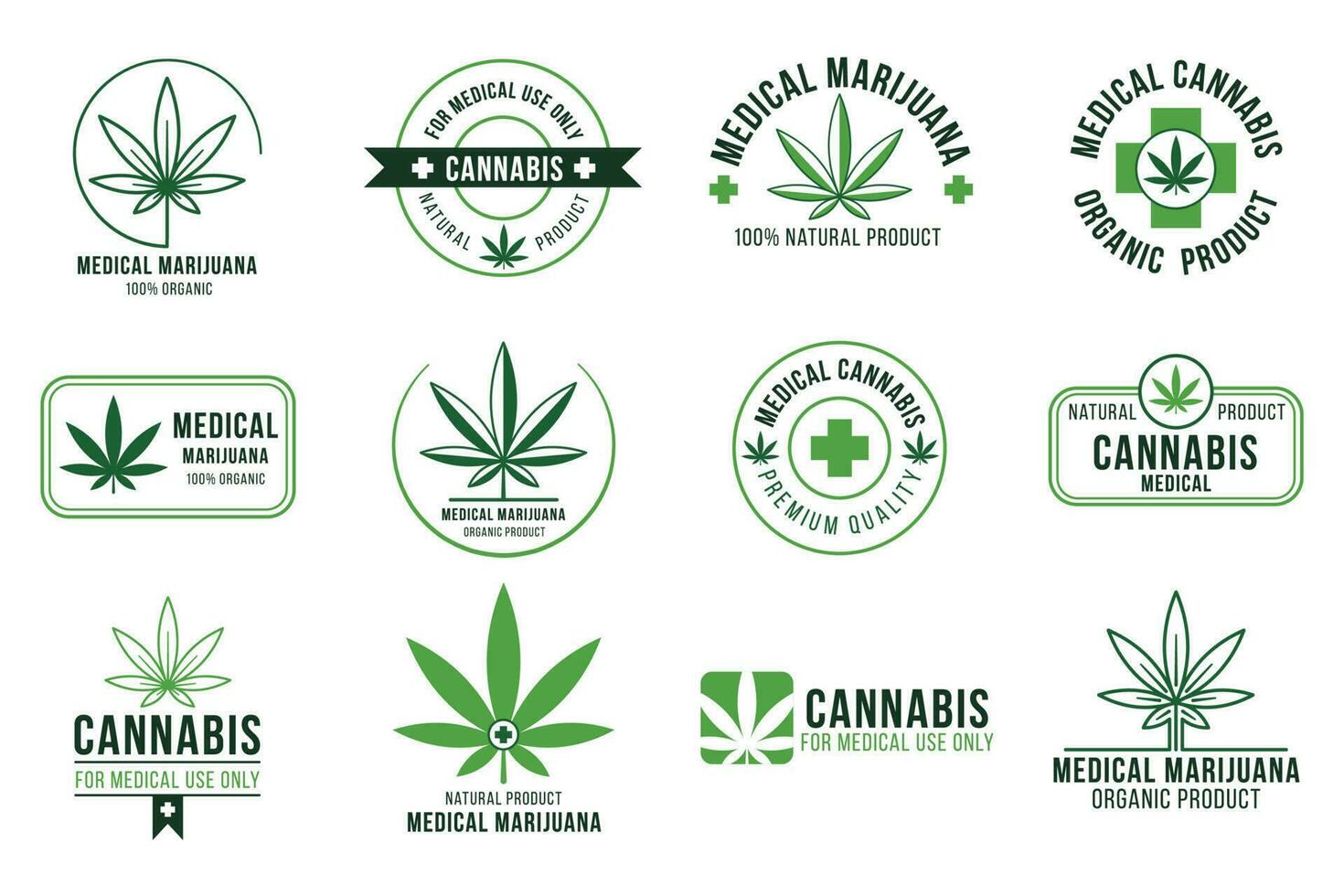 Cannabis label. Medical marijuana therapy, legal hemp plant and drug plants. Smoking weed badges isolated vector set