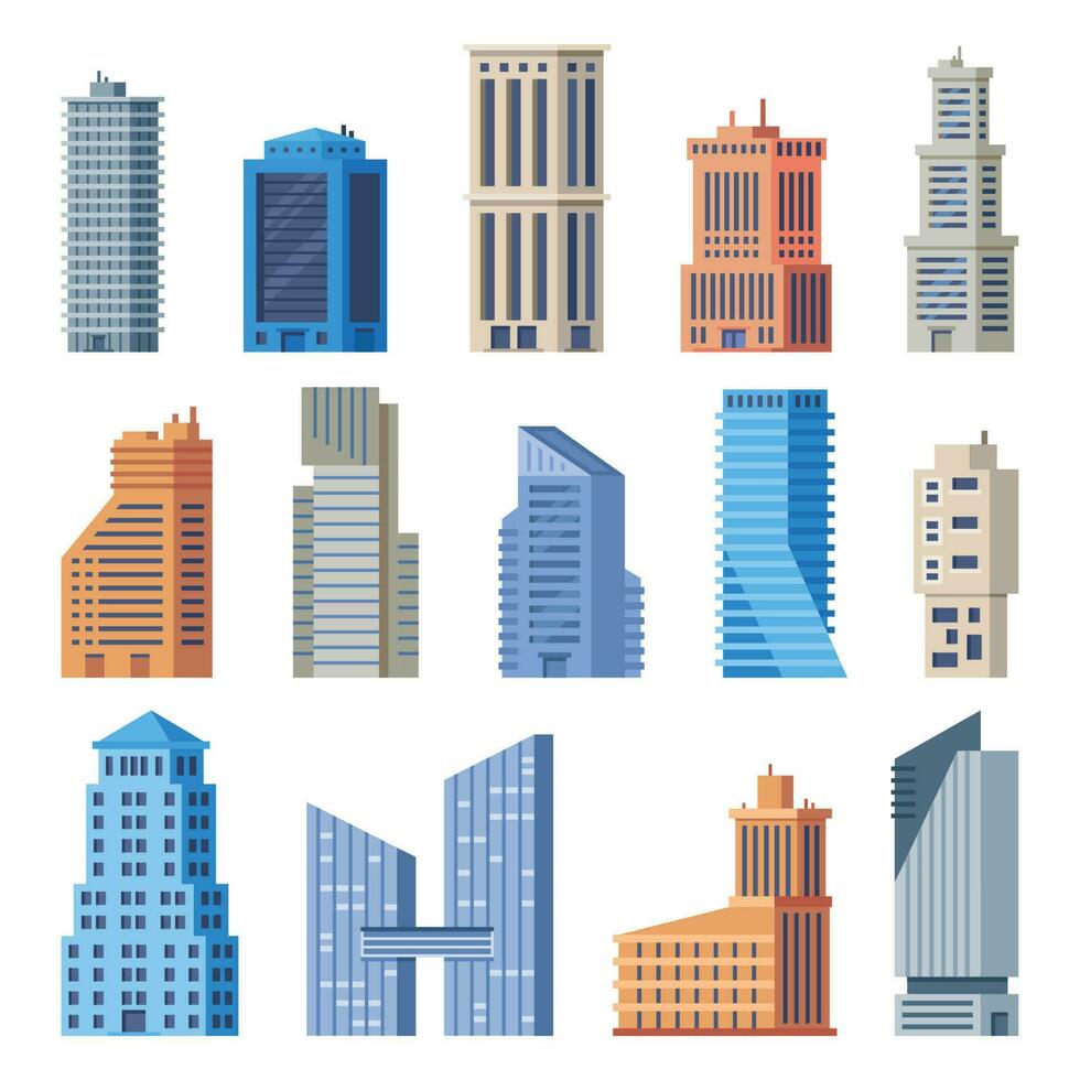 City office buildings. Glass building, modern urban offices exterior and town tall houses isolated vector set