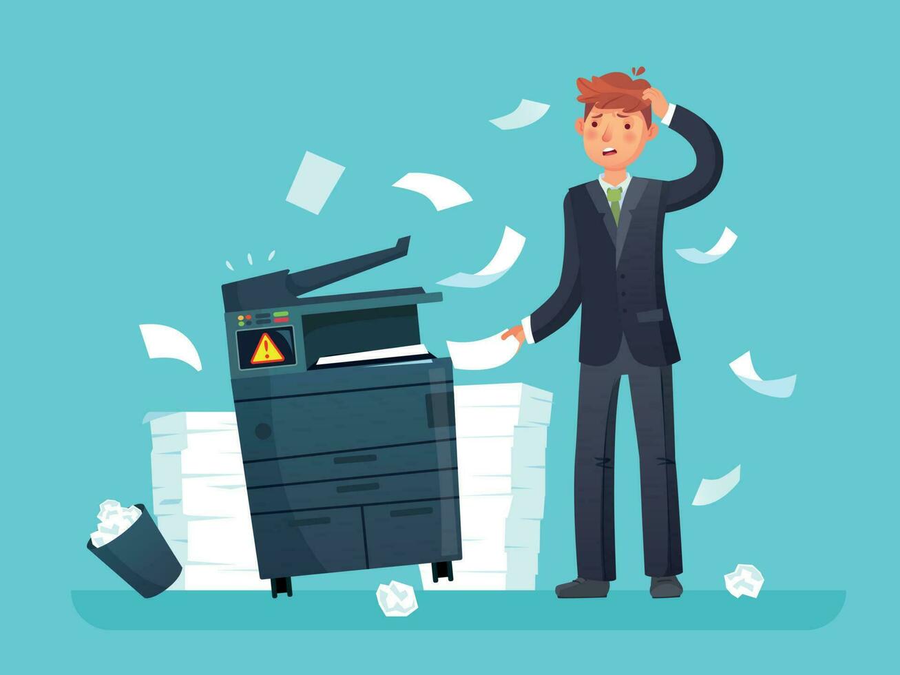 Printer broken. Confused business worker broke copier, office copy machine and lot of paper documents cartoon vector illustration