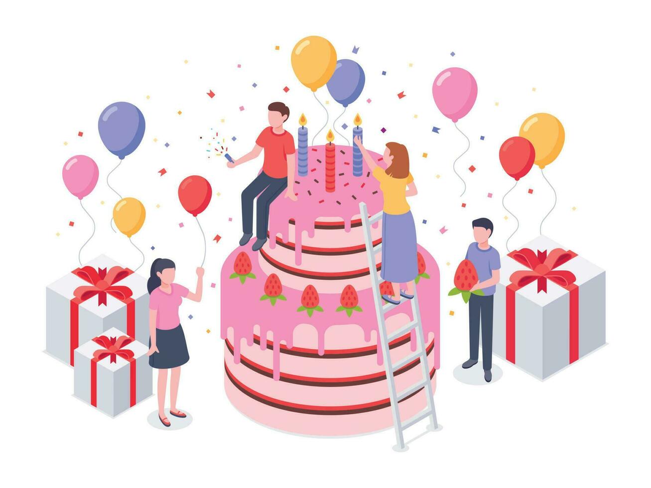 Isometric birthday cake. Party confetti, cakes present and birthdays surprise baking gift vector illustration