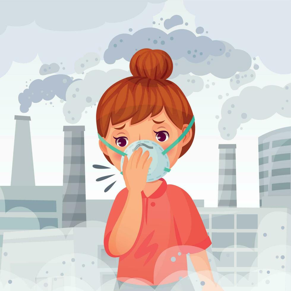 Girl wearing N95 mask. Young woman wear protect face masks, outdoor PM 2. 5 air pollution and breath protection vector illustration