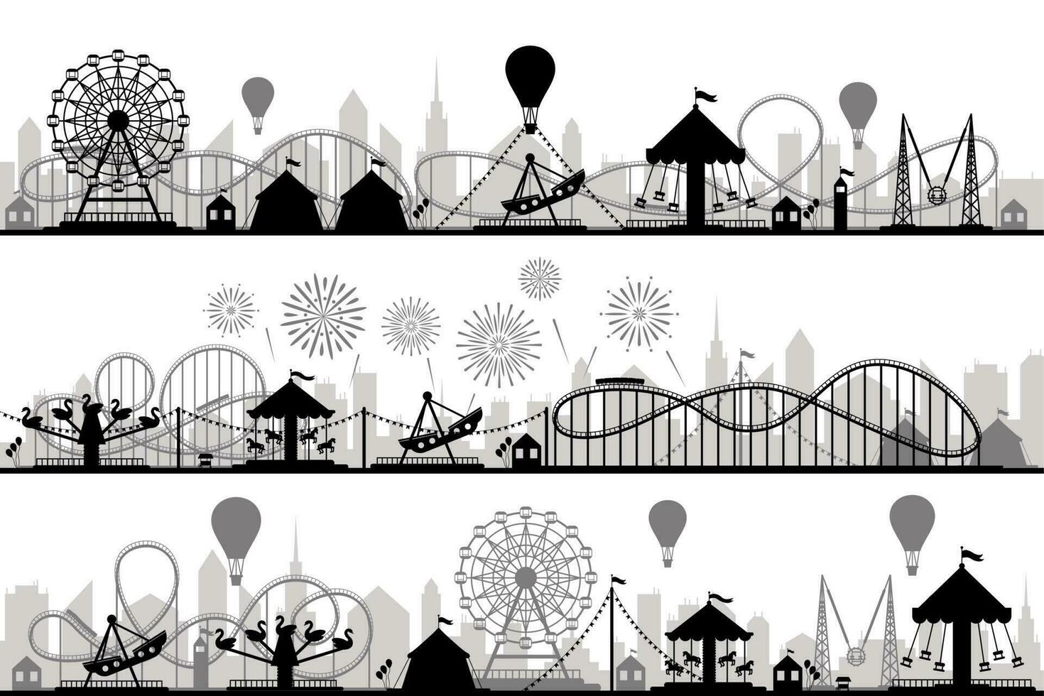 Amusement park landscape. Carnival roller coasters silhouettes, festive carousel and ferris wheel parks vector silhouette illustration