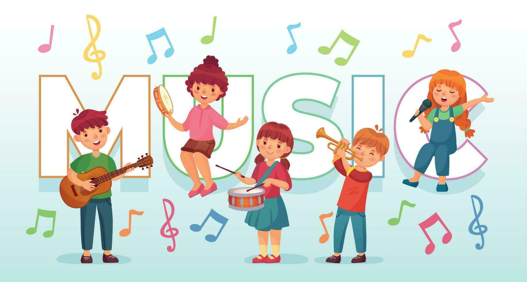 Kids playing music. Children musical instruments, baby band musicians and dancing kid singing or playing guitar vector illustration