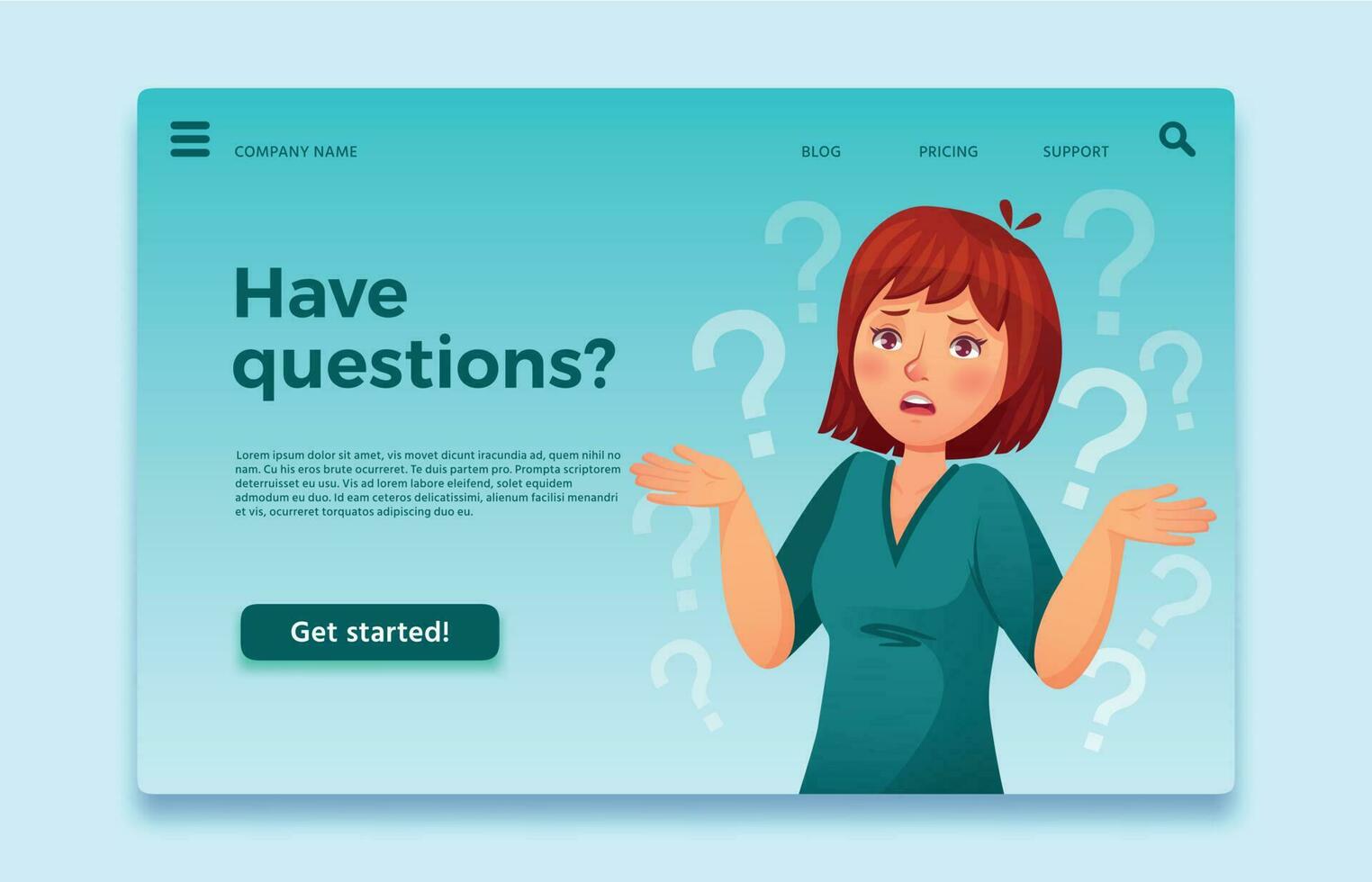 Woman have questions. Questioning female person, confused and thinking question. FAQ landing page cartoon vector illustration