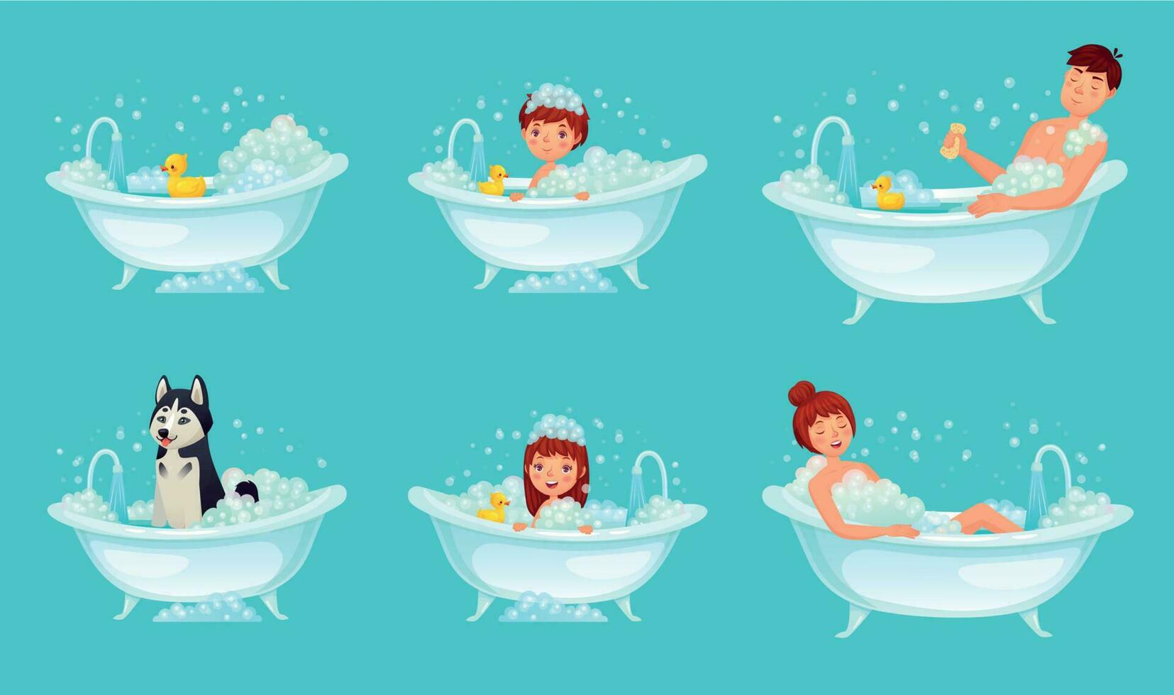 Foam bath. Bathroom tub bathing man, relaxing woman and kids. Dog wash cartoon vector illustration