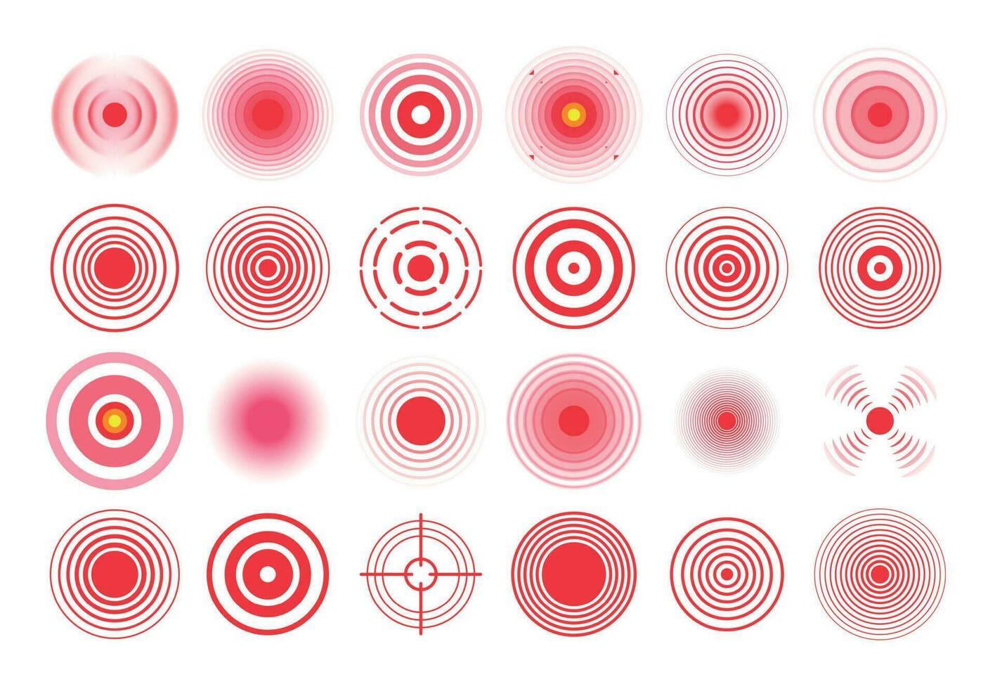 rojo dolor círculo. doloroso objetivo marca, dolor zona círculos y dolorido garganta terapia remedio aislado vector conjunto