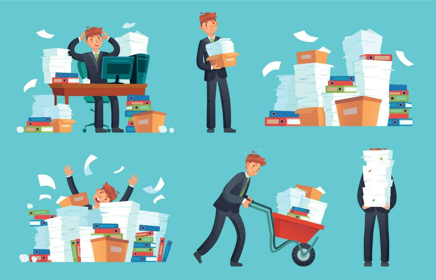 Unorganized office papers. Businessman overwhelmed work, messy paper documents pile and files stack cartoon vector illustration