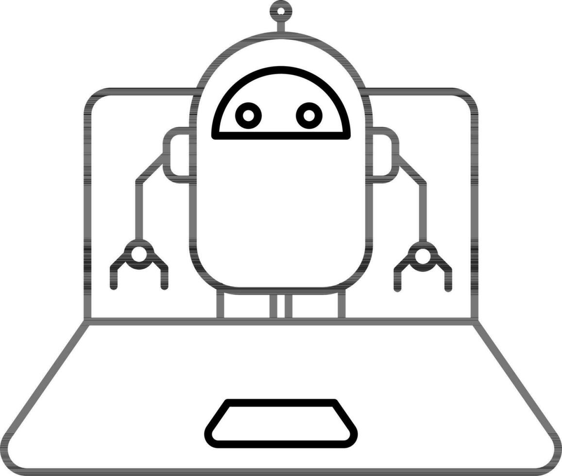 Line art illustration of Robot in laptop icon. vector