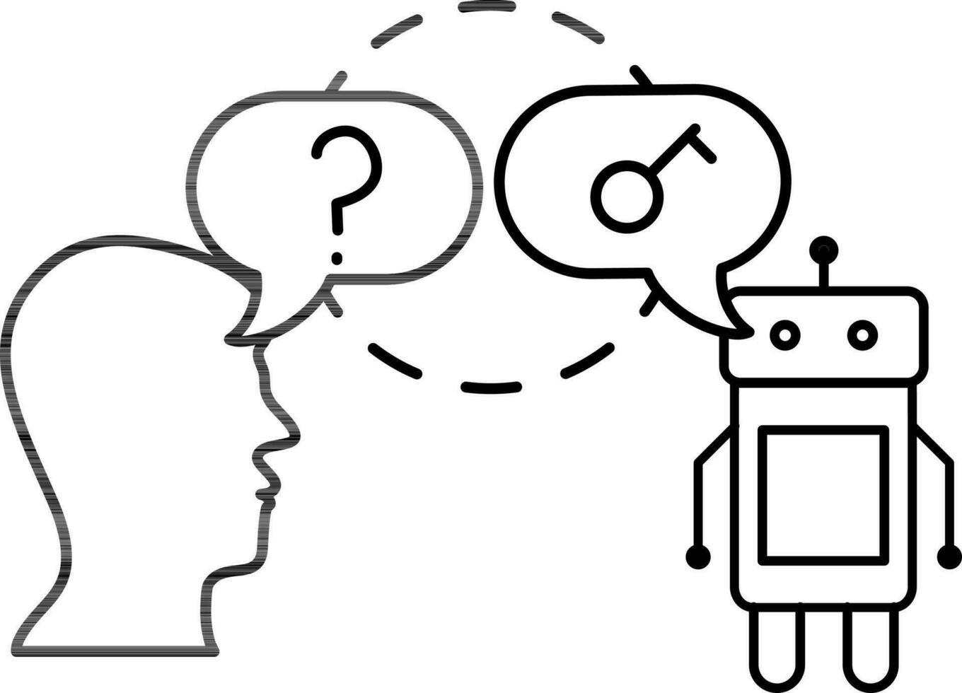 Black line art illustration of Man speak question of key with robot icon. vector