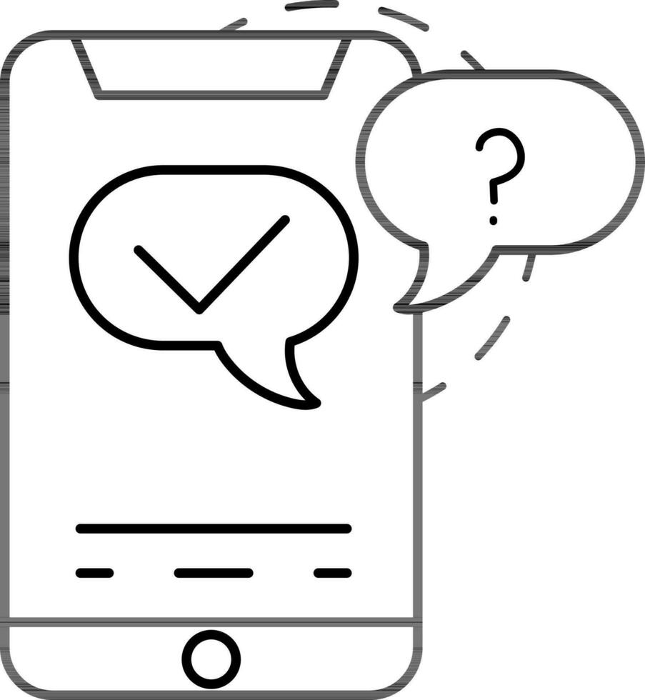 línea Arte ilustración de cheque con pregunta marca habla burbuja en teléfono inteligente pantalla icono. vector