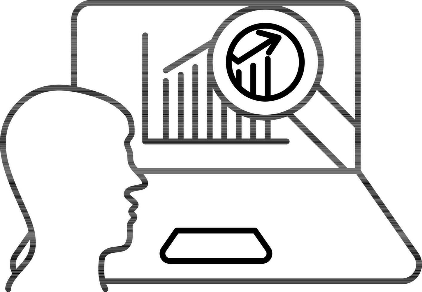 Line art illustration of Man search infographic graph chart in laptop screen icon. vector