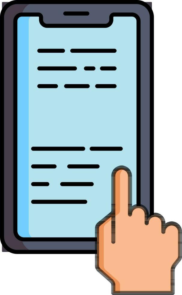 Hand click on smartphone screen icon in blue and orange color. vector