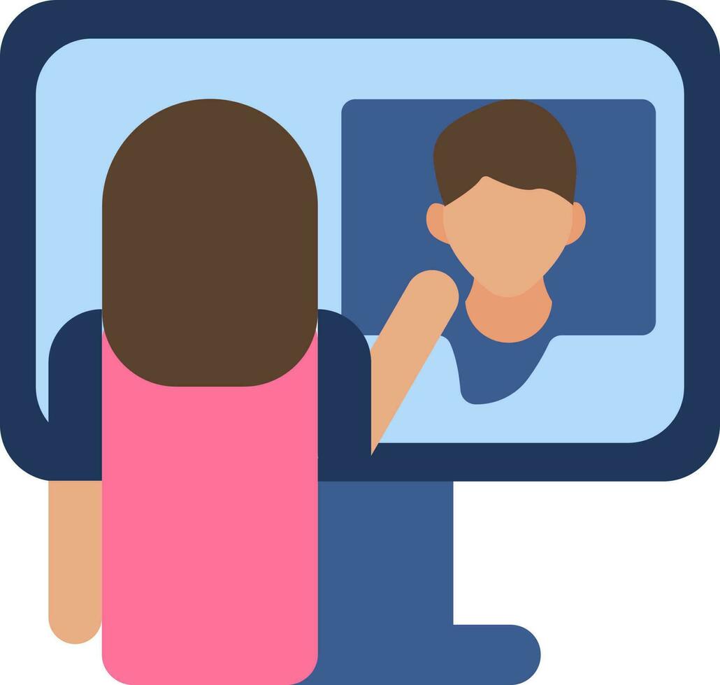 Flat style online woman video chat with computer icon. vector