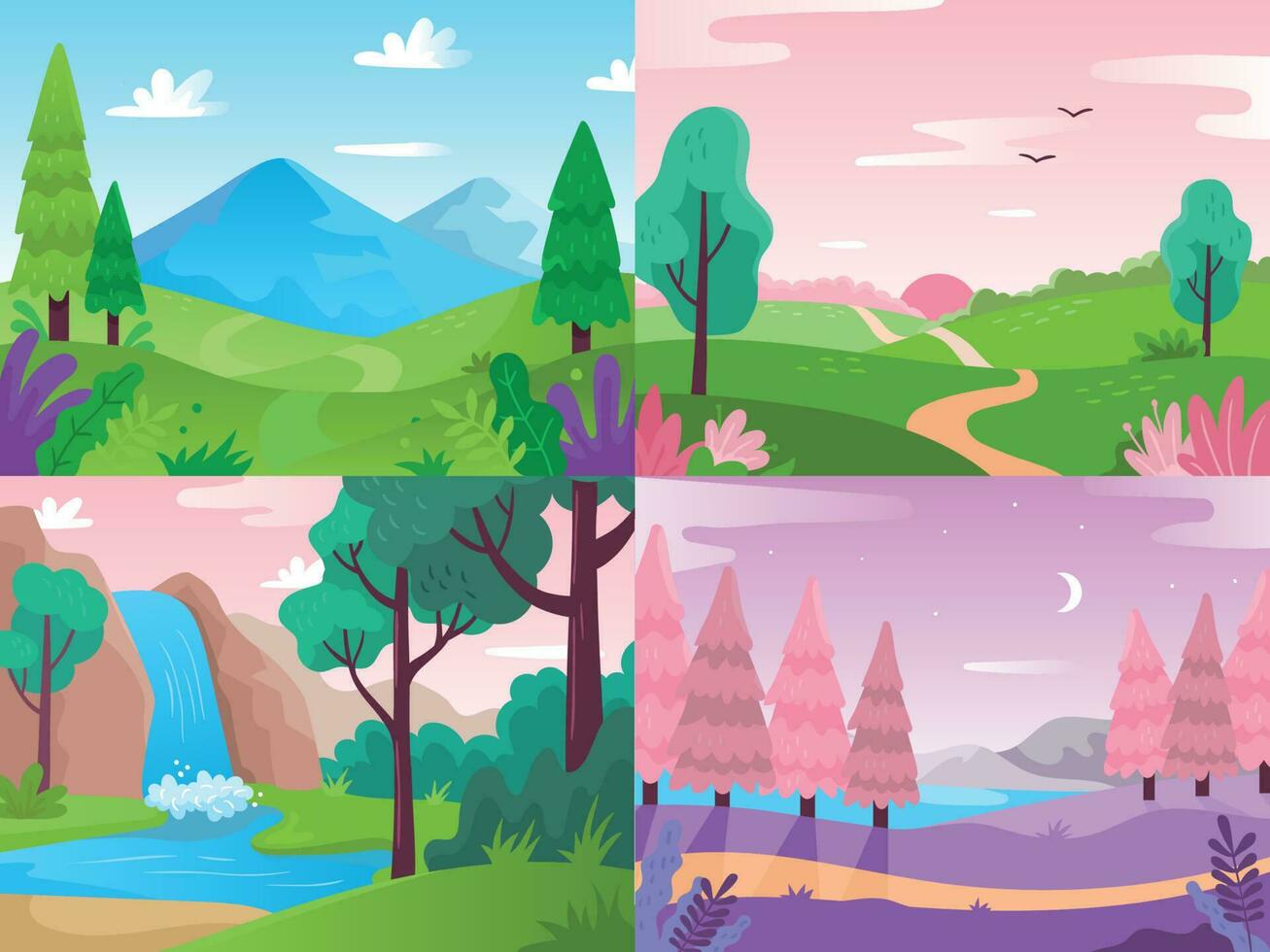 Flat landscape. Summer field nature, forest fauna and waterfall landscapes. Mountains and cloudy sky vector background illustration