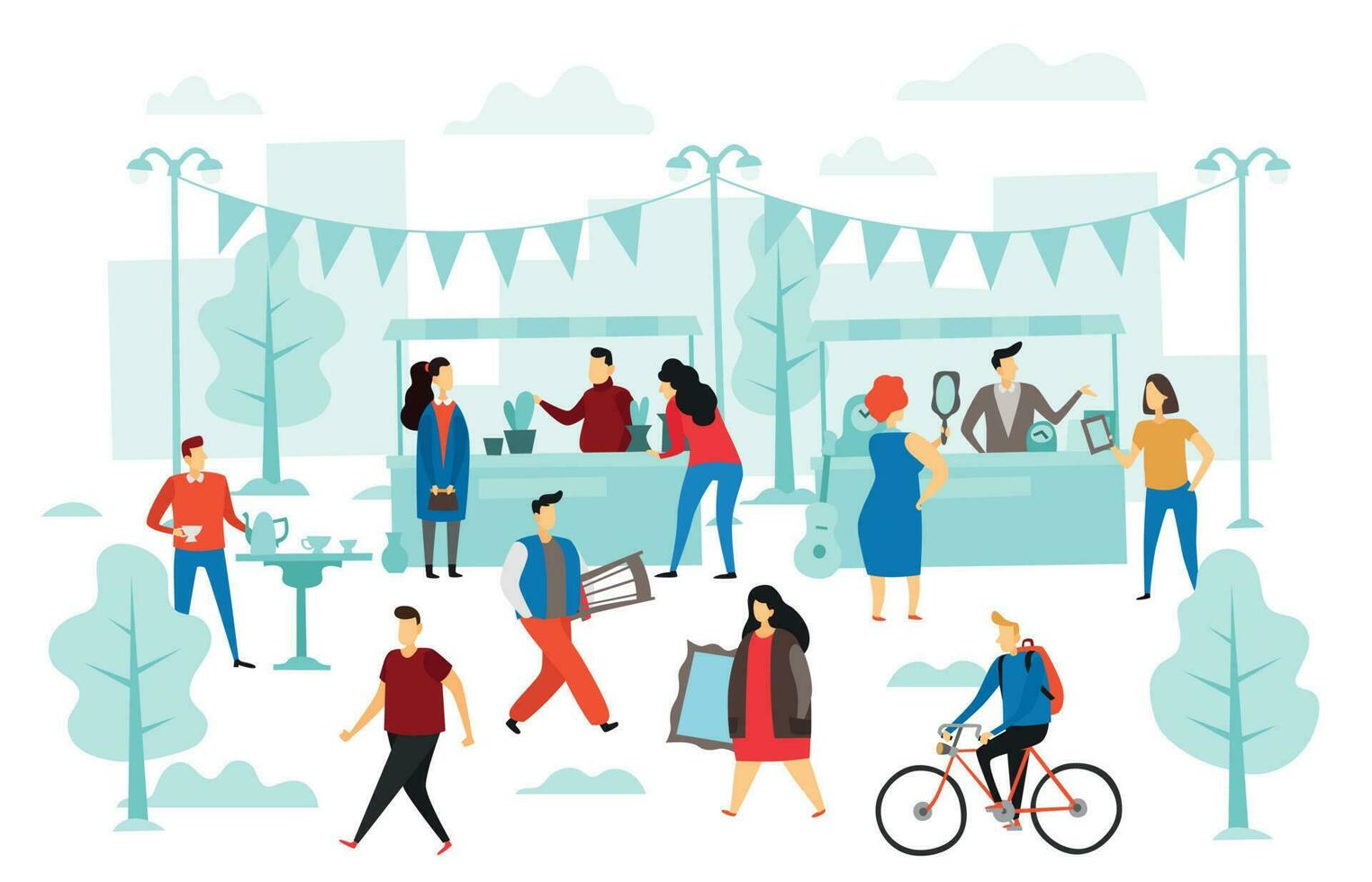 Second hand shop. Flea market, street shop trading stalls and fashion clothes swap. People selling cloth flat vector illustration