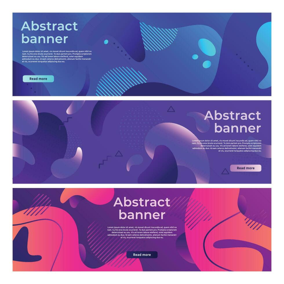 Abstract fluid shapes banner. Softly liquid shape flux, color splash gradient and colorful horizontal banners vector background set