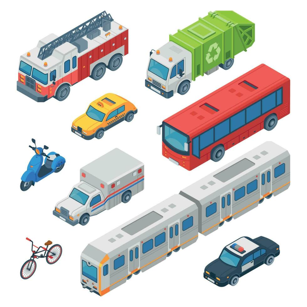 Isometric city transport. Ambulance, police car and fire engine. Subway train, town taxi and public bus. Traffic cars 3d vector set