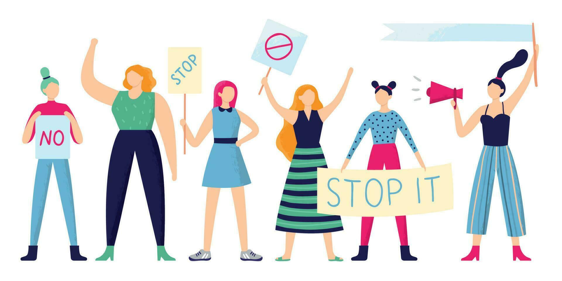 Women protesters. Female group protest, strong woman holding feminism placard and women rights manifestation flat vector illustration