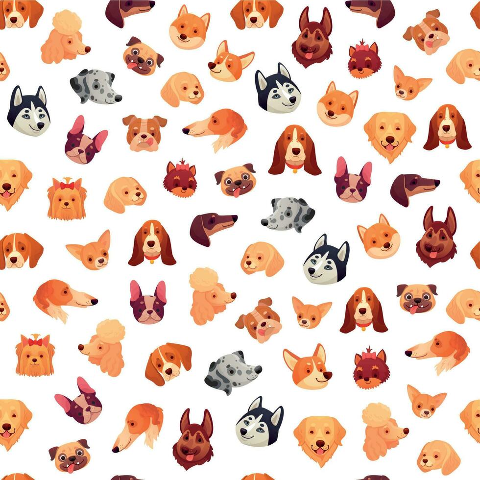 Seamless dogs faces. Funny dog face, puppy pet head and animals group vector background pattern