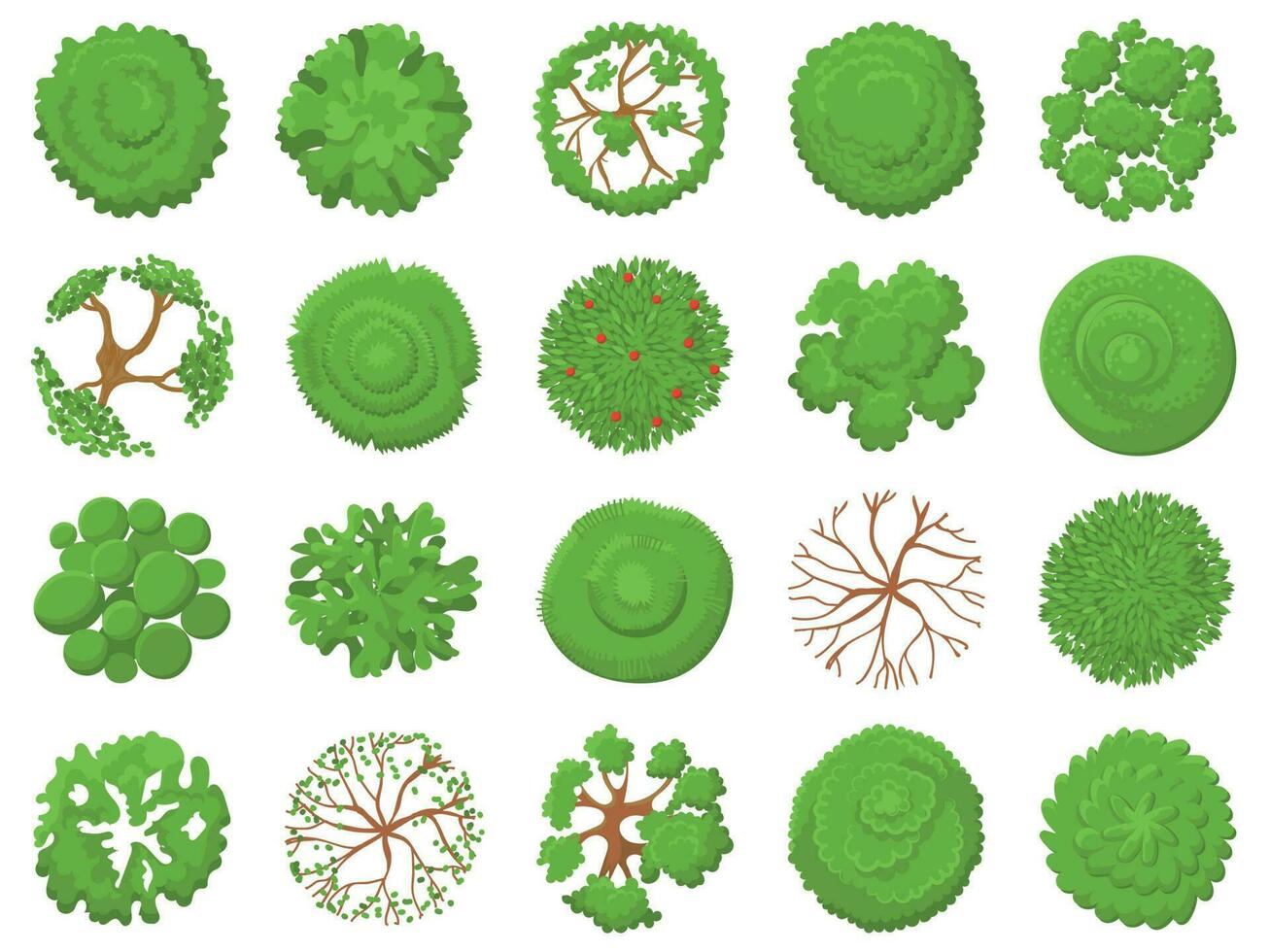 Top view tree. Planting green trees, park map vegetation and tropical forest maps viewing from above vector illustration set