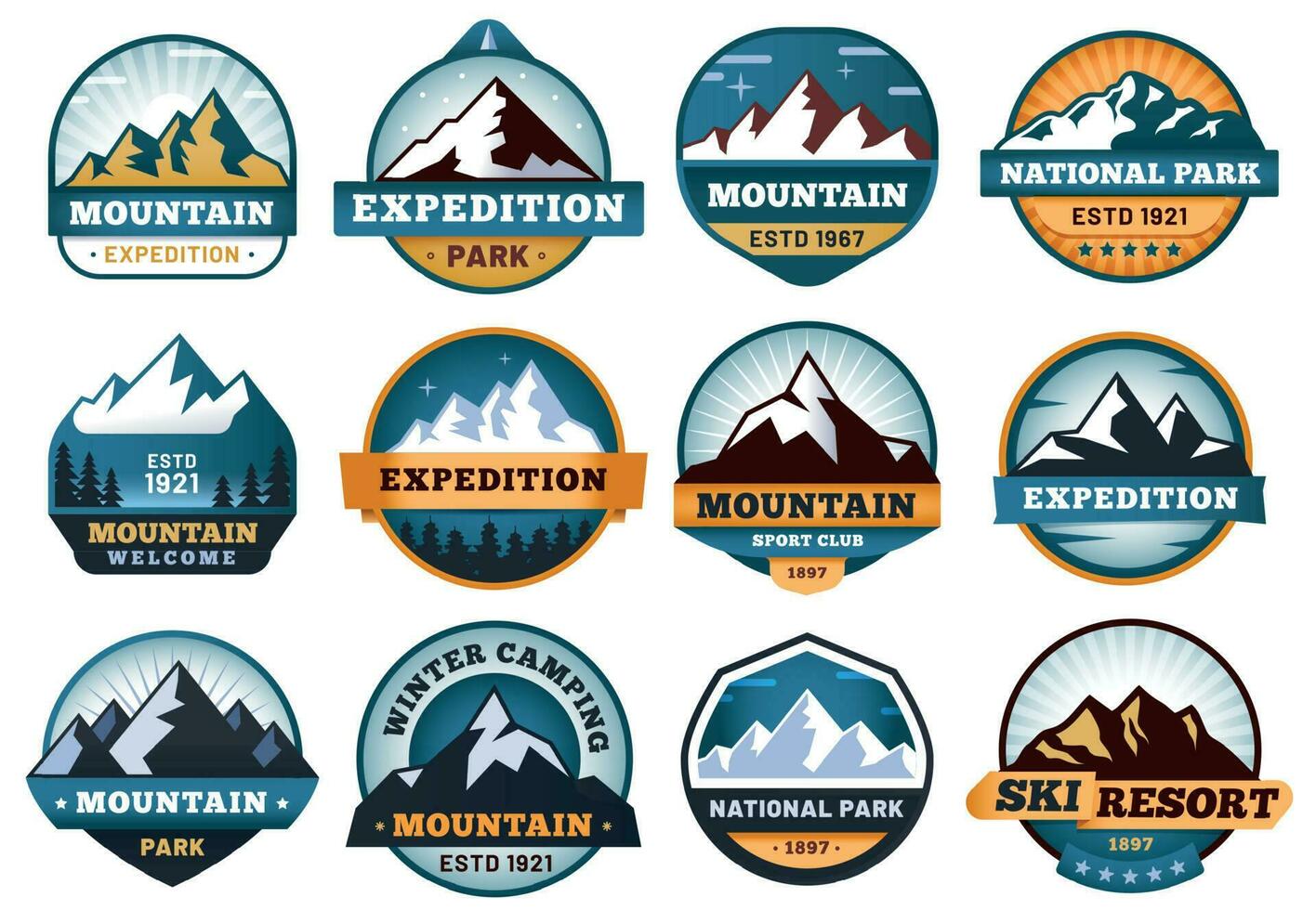 Mountain labels. Hiking emblems, mountains emblem badges and outdoors hill travel label vector set