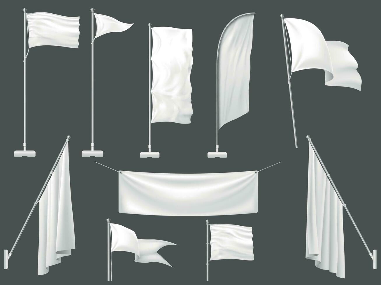 Mockup flag. White flags, blank canvas banner and fabric flag on flagpole 3d template vector illustration