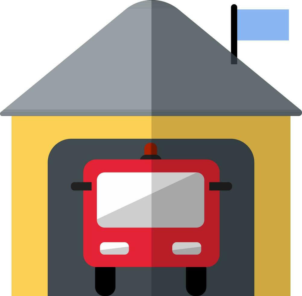 Icon of fire station with truck in flat style. vector