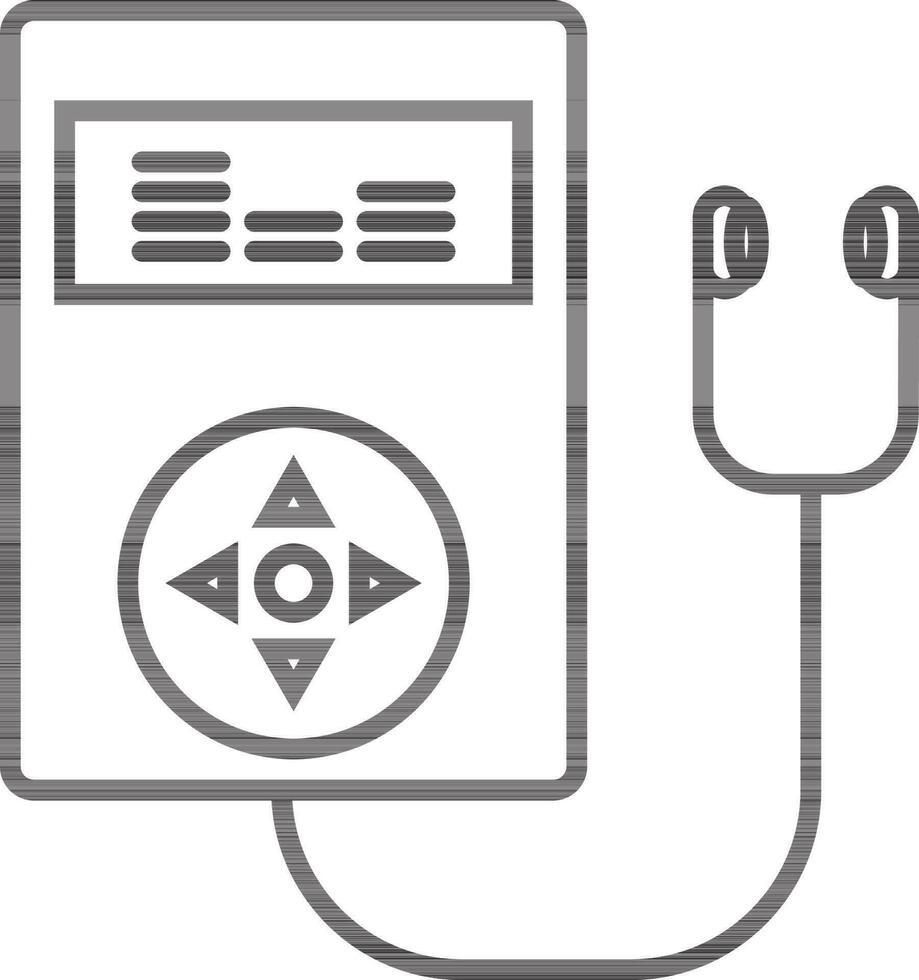 Earphone with gadget in line art illustration. vector