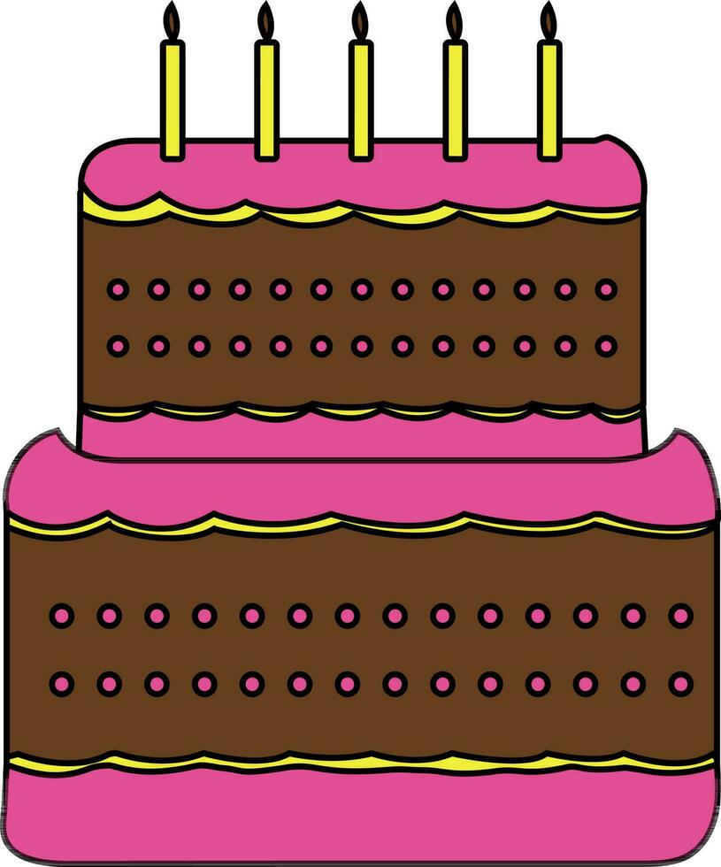 Colorful decorated cake with burning candles. vector