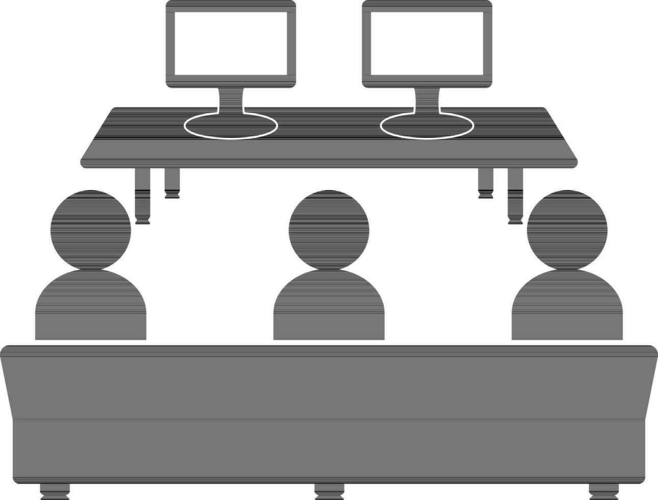 Flat illustration of sitting businessman and computer on table. vector
