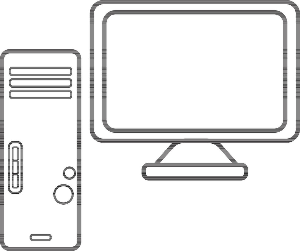 Illustration of black line art computer screen with cpu. vector