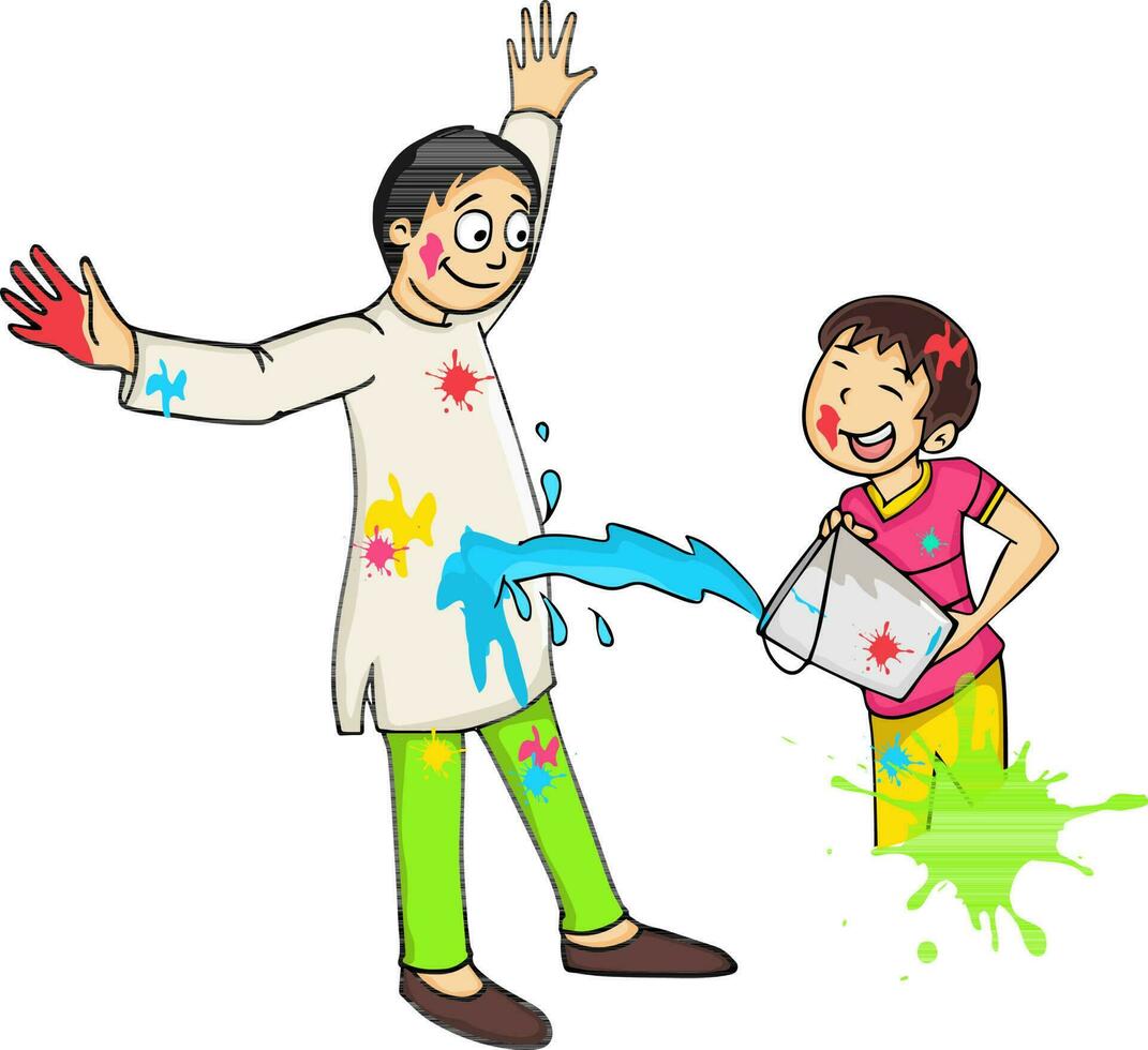 Boy throwing color on his father for Holi. vector