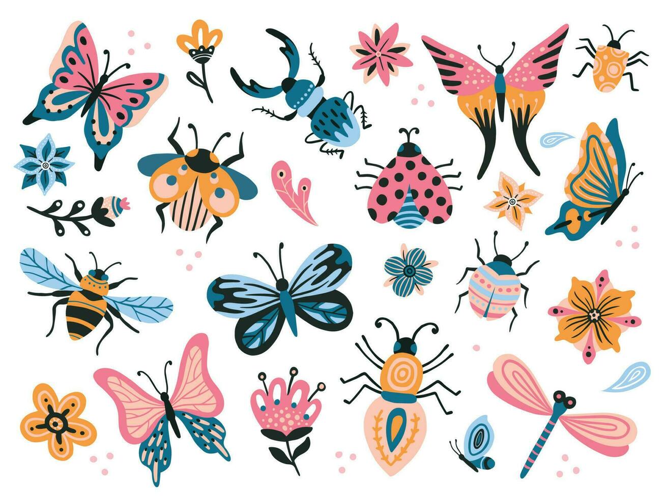 Cute bugs. Child drawing insects, flying butterflies and baby ladybird. Flower butterfly, fly insect and beetle flat vector set