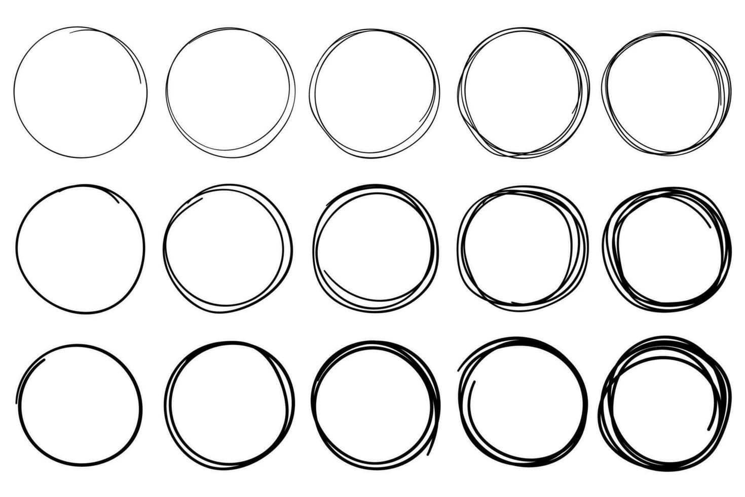 bosquejo círculos circular garabatear marco, mano dibujado bolígrafo carrera circulo y encerrado en un círculo marcos aislado vector conjunto