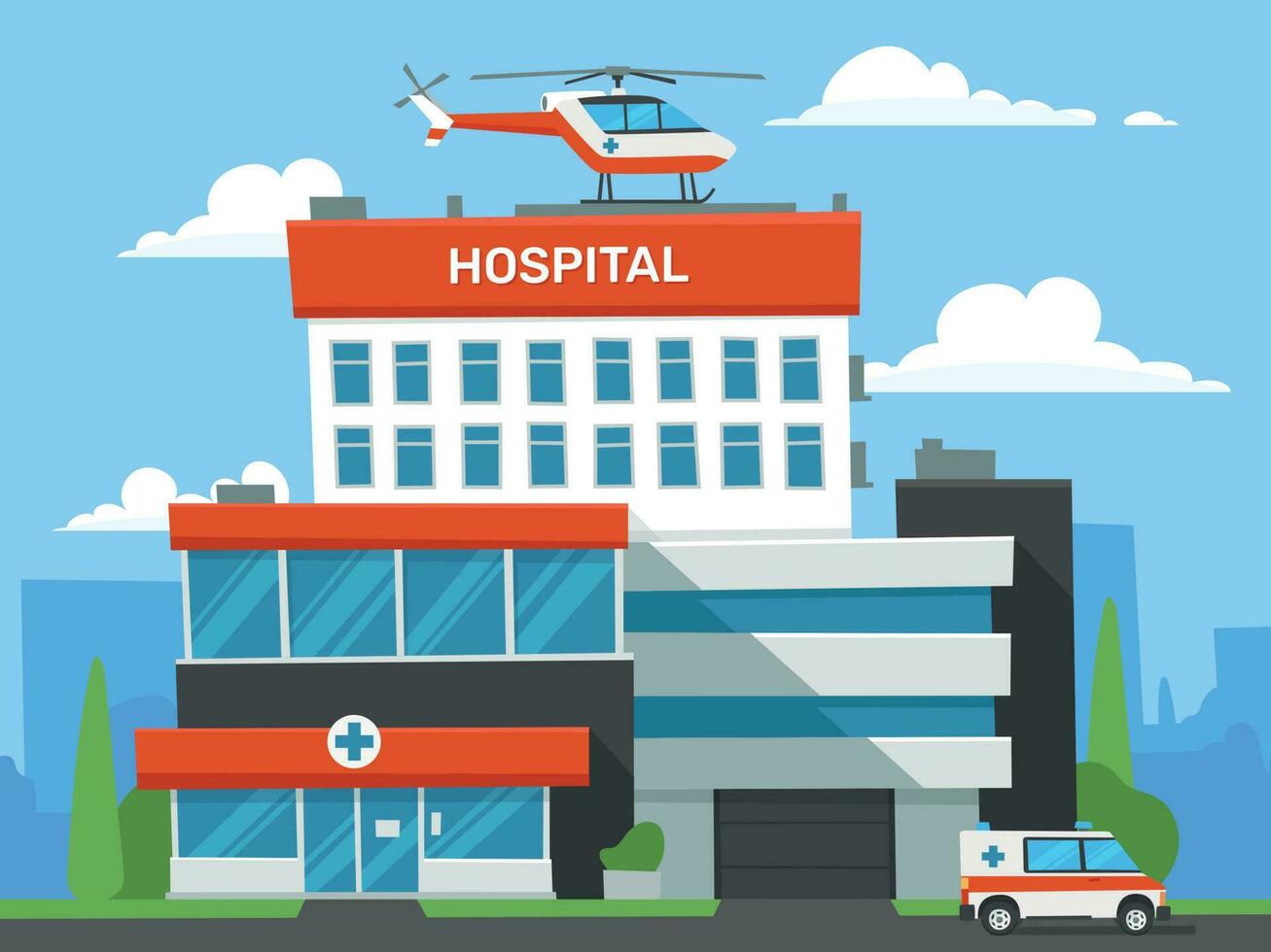 Cartoon hospital building. Emergency clinic, urgent medical help helicopter and ambulance car. Infirmary center vector illustration