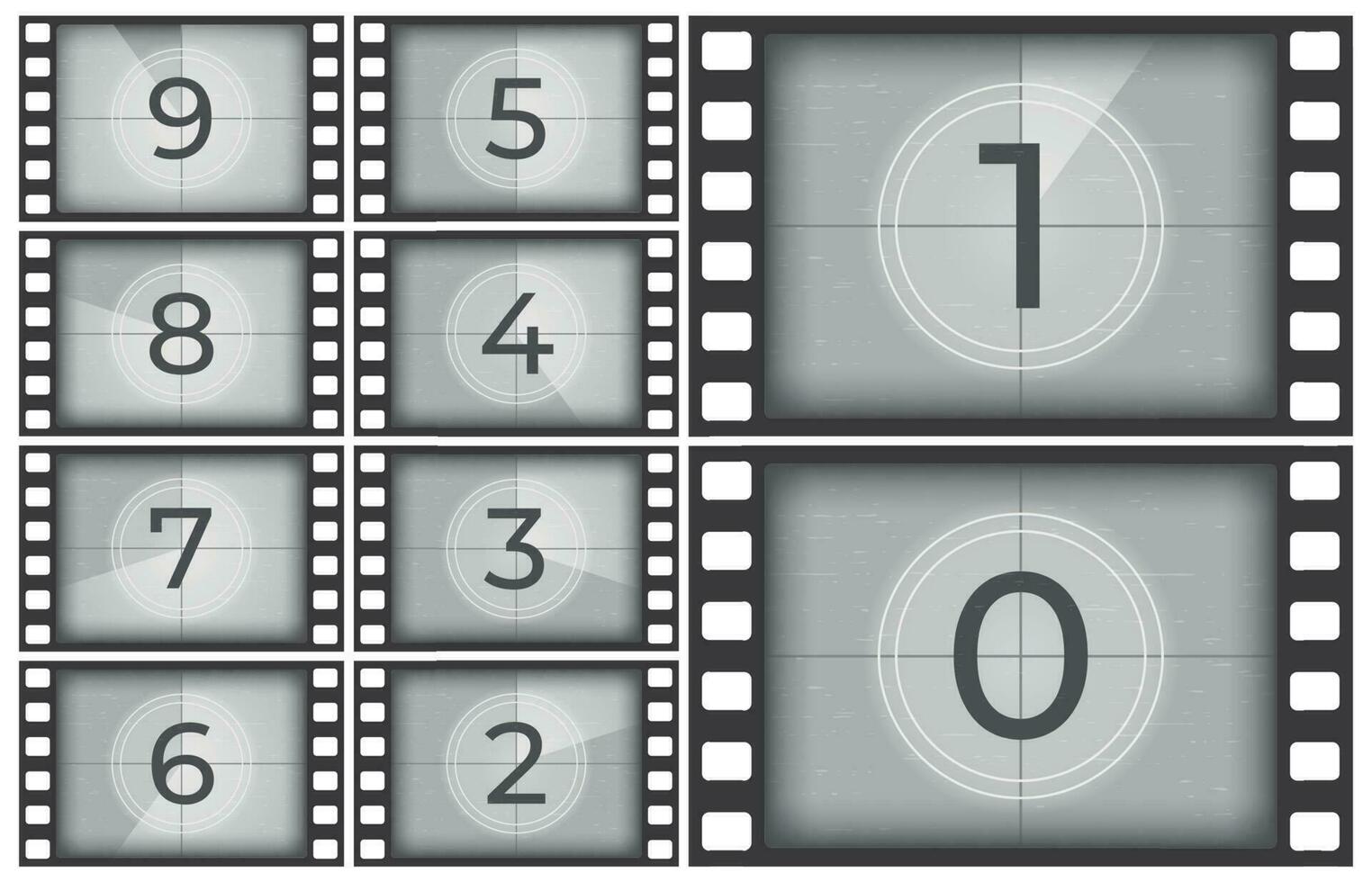 Cinema film countdown. Old movie films strip frame, vintage intro screen counting numbers or retro timer frames vector illustration
