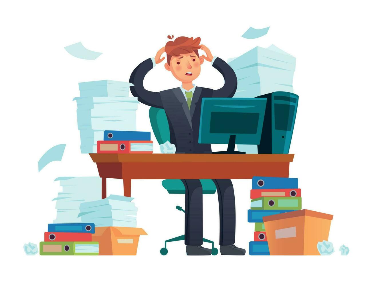 Manager overworked. Office overwork, unorganized paperwork and business work document sheets piles cartoon illustration vector