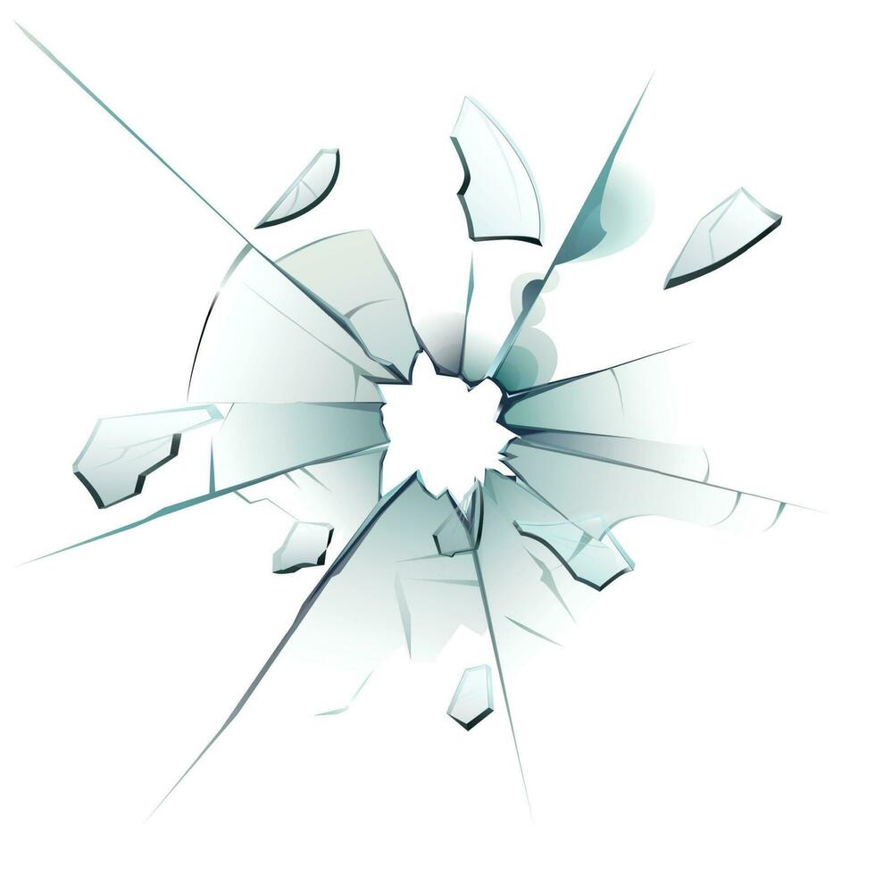 Shattered window. Cracked glass, bullet hole cracks and broken glassy surface glass shards realistic isolated vector illustration