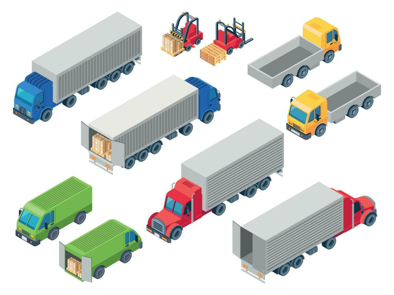 Trucking logistic isometric trucks. Loading truck, cargo container transportation lorry and trailer loader. Van cars 3d vector illustration