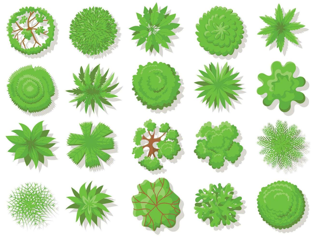 parte superior ver plantas. tropical árboles, verde planta árbol desde encima para aéreo mapa aislado vector colección