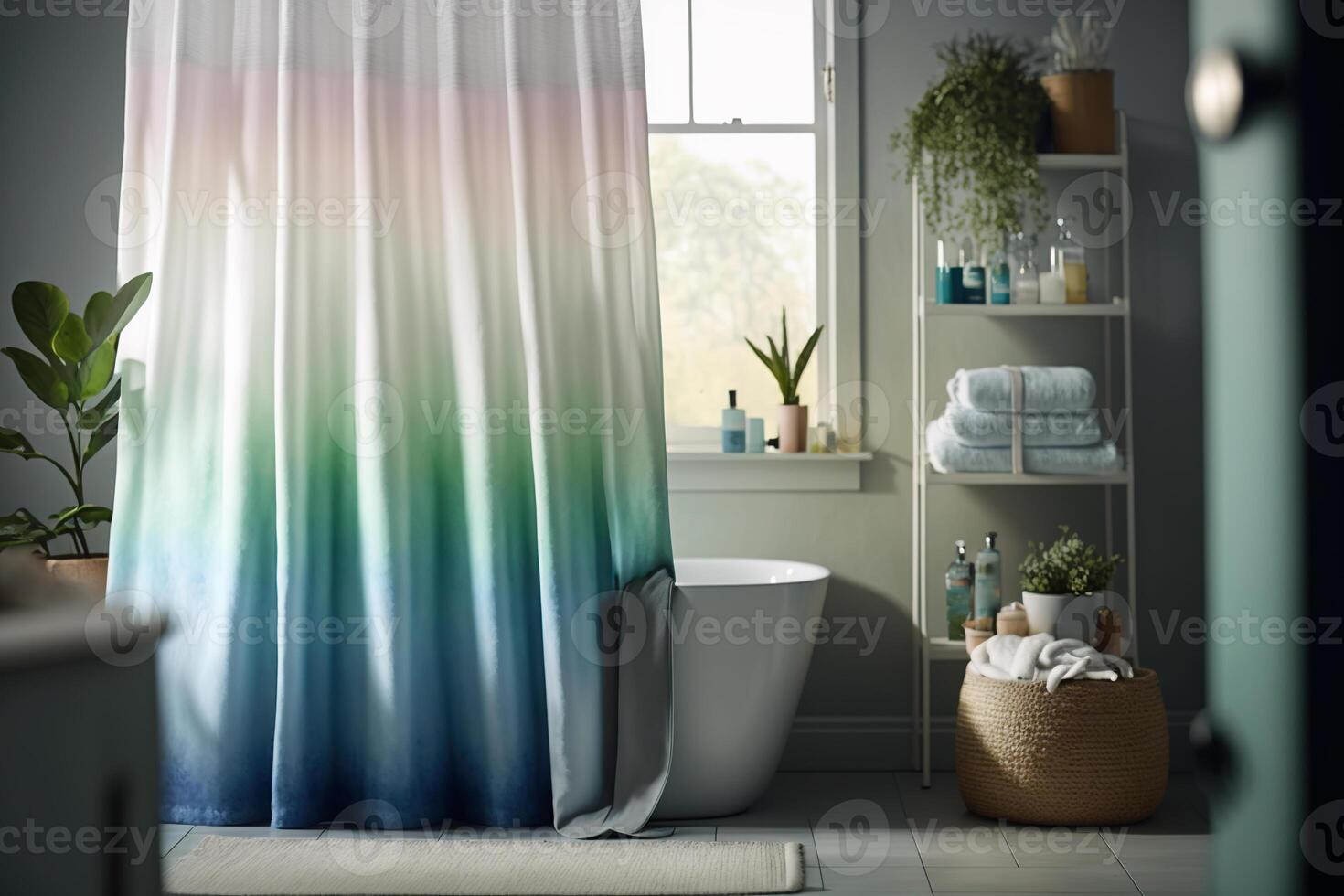 Madison Park seersucker shower curtain with ombre print. photo