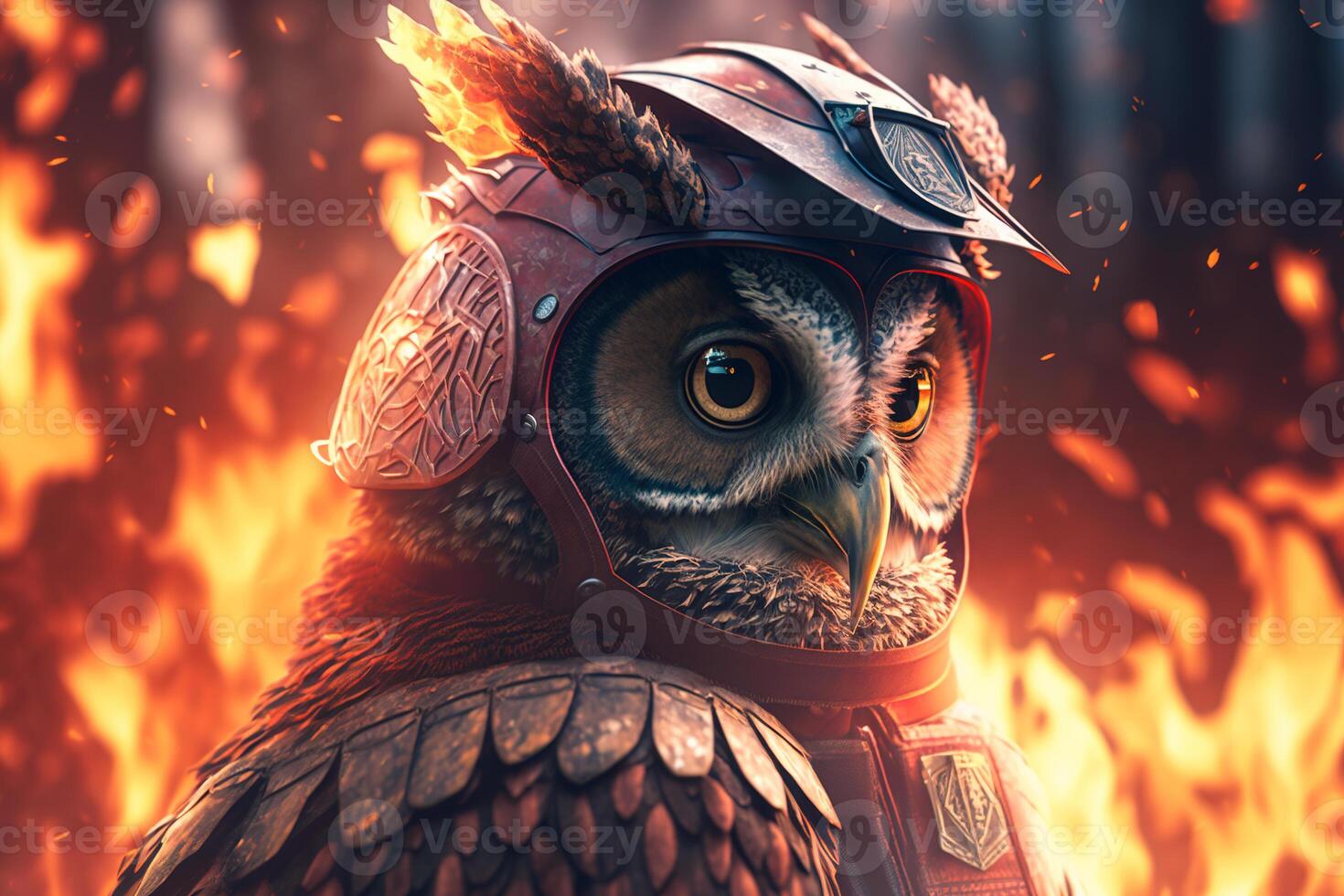 Firefighter owl on fire background. photo