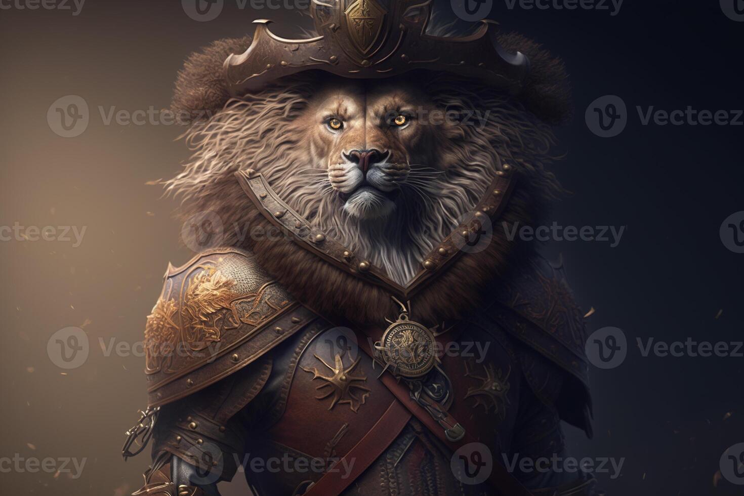 Lion in a musketeer costume on a dark background. photo