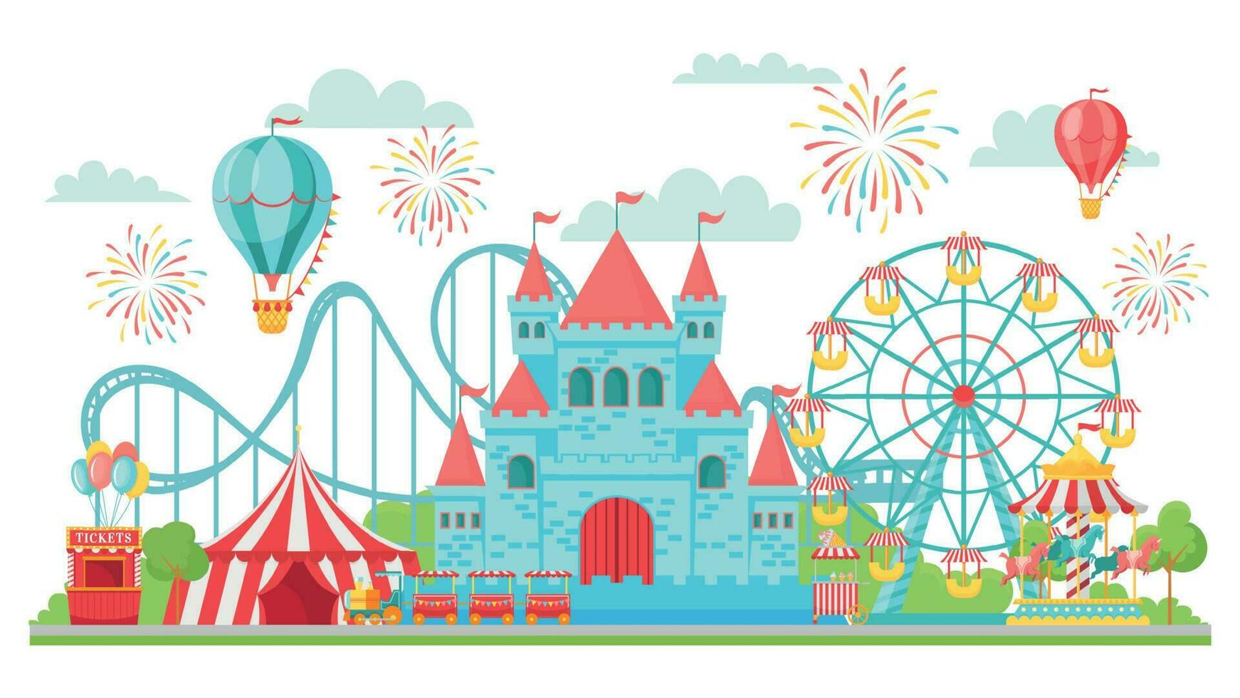 Amusement park. Roller coaster, festival carousel and ferris wheel attractions isolated vector illustration