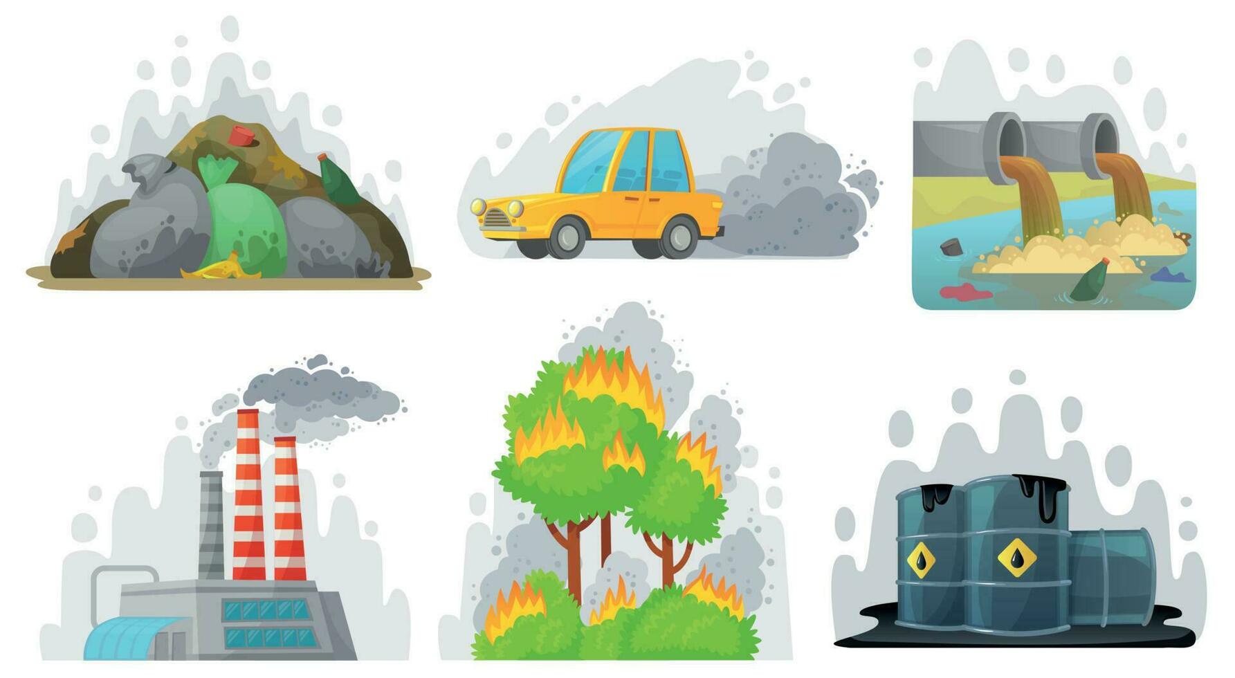 ambiental contaminación. contaminado aire, industrial radioactivo residuos y ecológico conciencia vector ilustración conjunto