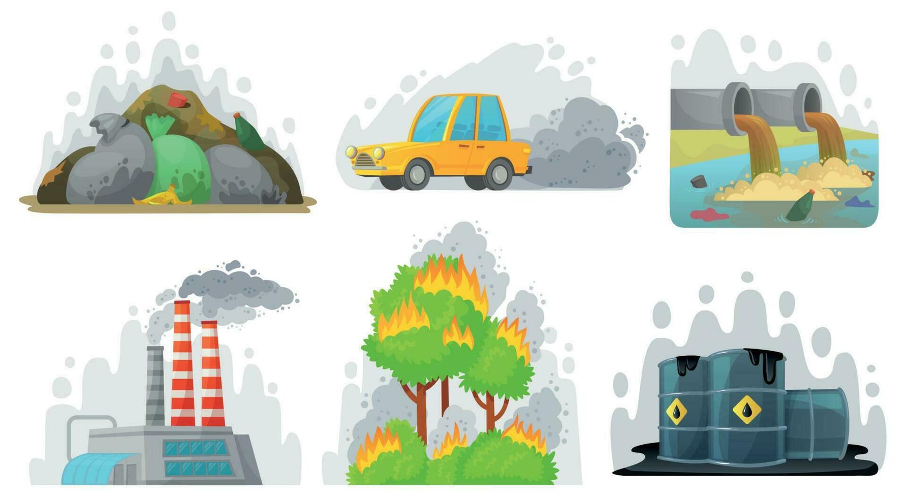 Environmental pollution. Contaminated air, industrial radioactive waste and ecological awareness vector illustration set