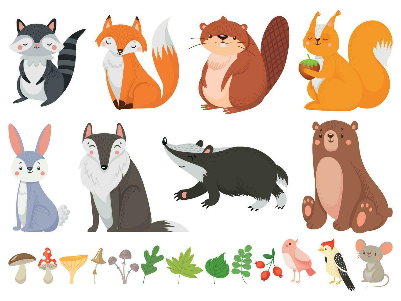 gracioso madera animales salvaje bosque animal, contento bosque zorro y linda ardilla vector dibujos animados ilustración conjunto