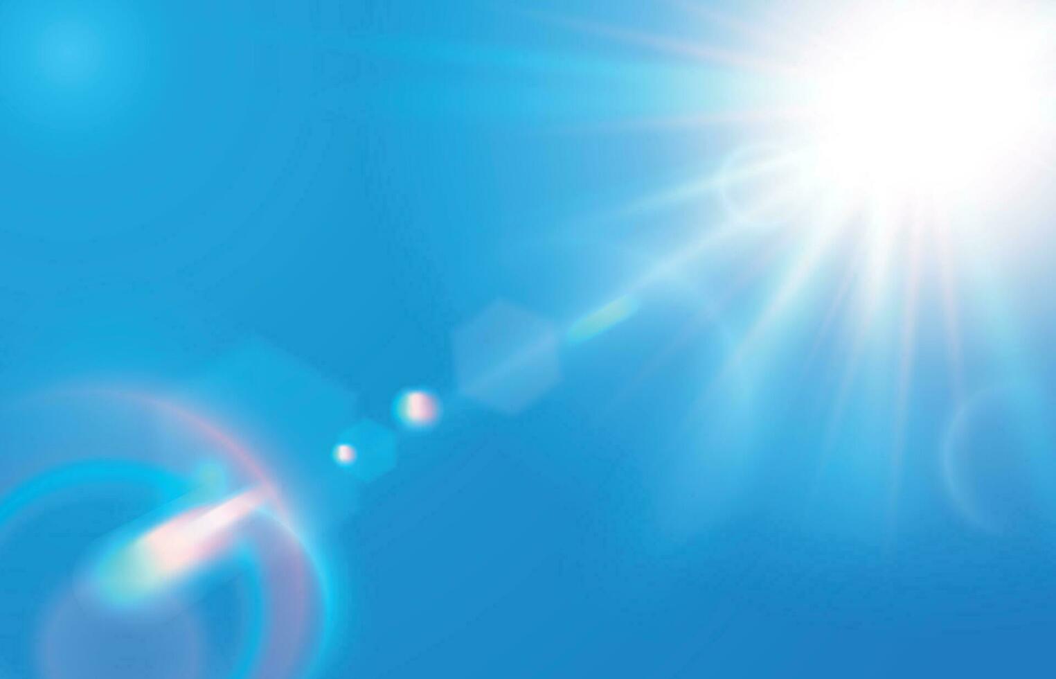 Sun in blue sky. Warm solar lens flare in clear skies, sunny day and sun light rays vector illustration